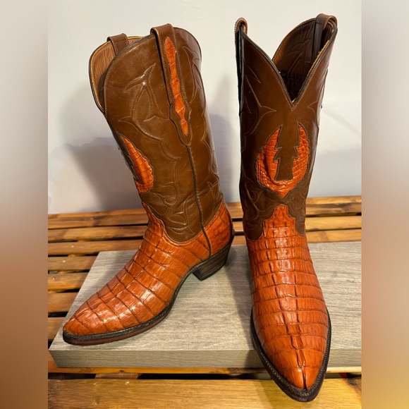 Men’s Black Jack Cowboy Boots Phoenix Inlay Alligator Hornback Size 7 EE Cognac - Picture 2 of 16